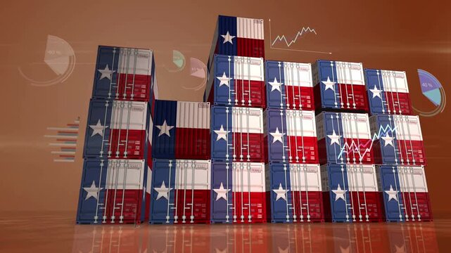 Texas USA export production and import containers cargo with business import export diagrams and charts. Texas flag industrial shipping box 3d concept.