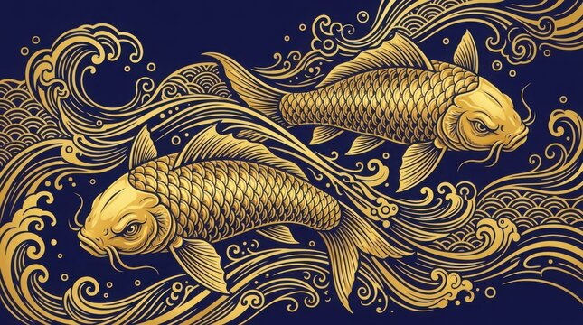 Golden koi fish swimming in intricate decorative pattern background