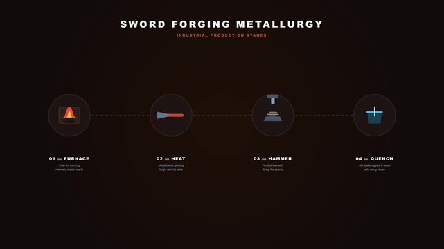 A 2D flat minimalist explainer loop about blacksmithing. 4 stages connected by dotted lines: 01 &mdash; FURNACE, 02 &mdash; HEAT, 03 &mdash; HAMMER, 04 &mdash; QUENCH.
