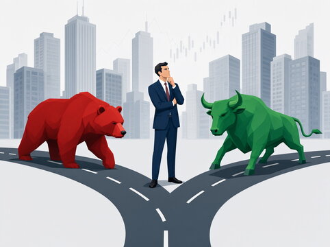 A businessman stands at the crossroads of two paths: the bear market and the bull market