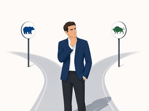 A businessman stands at the crossroads of two paths: the bear market and the bull market