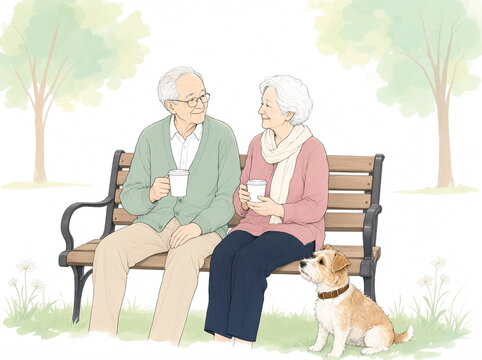 An elderly couple is sitting on a park bench with coffee in their hands; a small dog is beside them