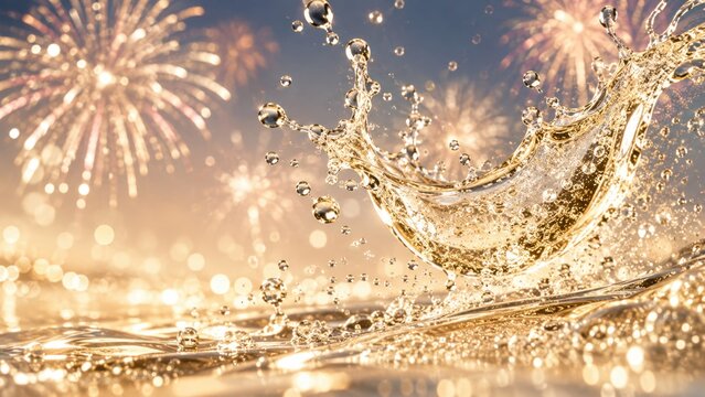 Golden liquid splash with sparkling droplets and festive fireworks in luminous background