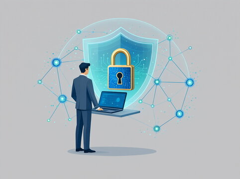 A businessman stands next to a laptop secured with a padlock; a cybersecurity illustration