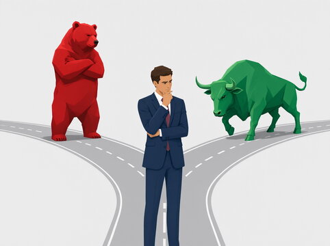 A businessman stands at the crossroads of two paths: the bear market and the bull market