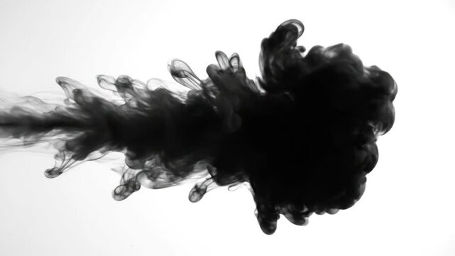 Mesmerizing black ink plume expanding with fluid motion against a stark white background, creating an abstract, dynamic, and mysterious cloud of dark particles and swirls