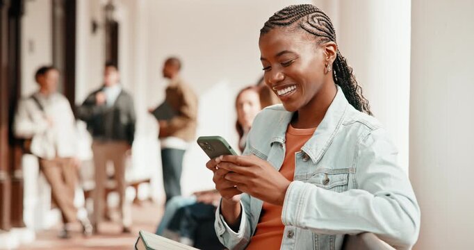Woman, laugh and break at college with phone, funny student group chat and social media notification. Happy, person and thinking outdoor at university with tech, online meme and relax after class.