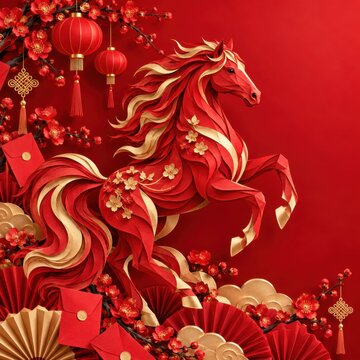 Red and gold paper horse with lanterns and blossoms for Chinese New Year celebration