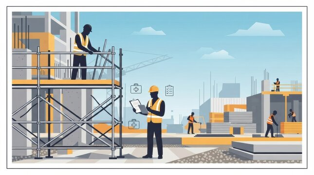 Workers are conducting safety inspection at a construction site during the day while using equipment and following safety protocols.