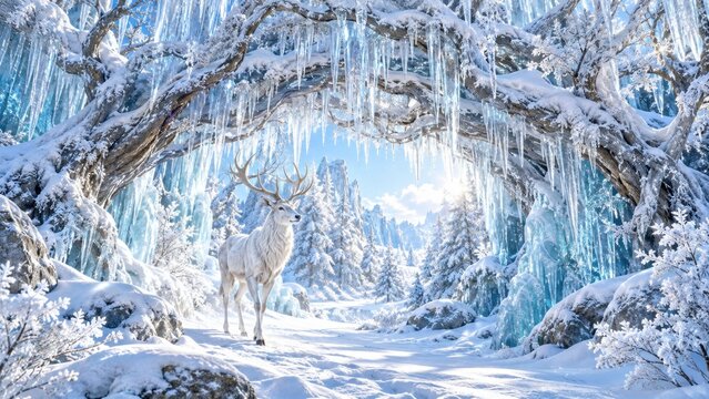 White stag beneath frozen branches and icicles in a bright magical winter forest landscape