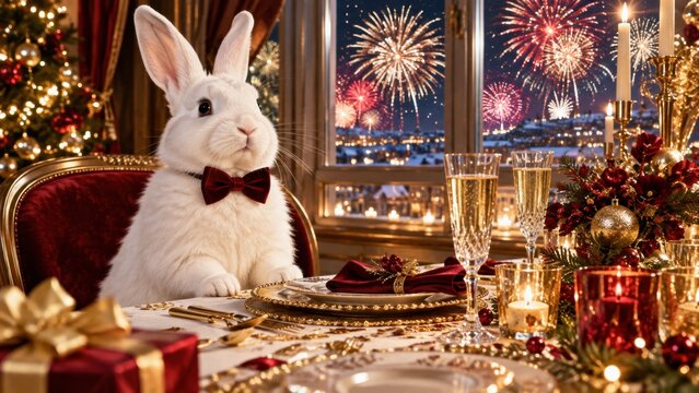 White rabbit with red bow tie at an elegant New Year dinner with fireworks outside