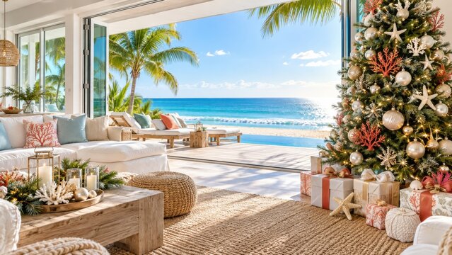 Tropical Christmas living room with decorated tree overlooking a sunny turquoise ocean beach