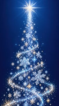 Luminous Christmas tree formed by sparkling snowflakes and stars on deep blue background