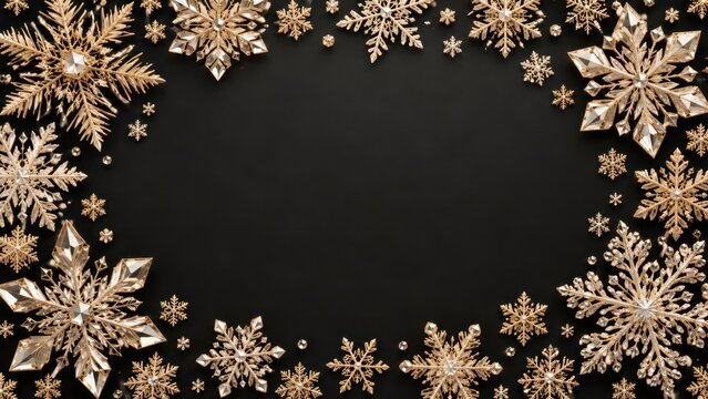 Golden crystal snowflake frame on black festive background with elegant central copy space