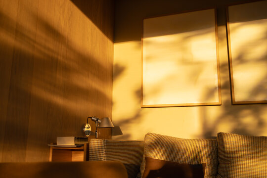 Cozy Cabin Interior with Golden Hour Sunlight