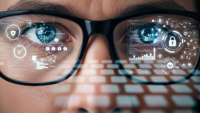 Close-up of human eye behind glasses reflecting a futuristic digital interface elements. Biometric iris scanning, augmented reality, cybersecurity, data visualization and AI concept.