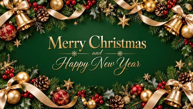 Christmas and New Year greeting framed by evergreen branches with red and gold decorations