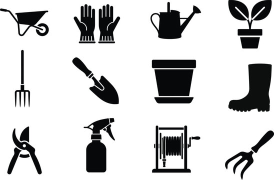 Black and white gardening tools and equipment vector icon set isolated on white