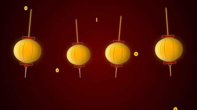 Hanging yellow chinese lanterns on a dark red background
