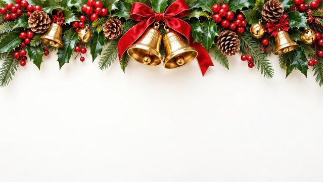 Christmas garland with golden bells red bow holly berries and pinecones on white background