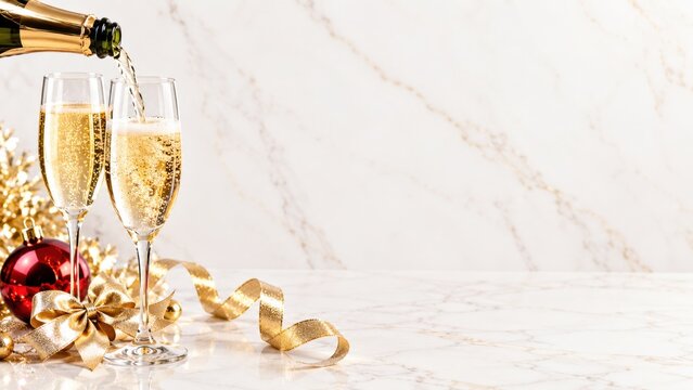 Champagne pouring into crystal glasses with golden ribbon and red Christmas ornament