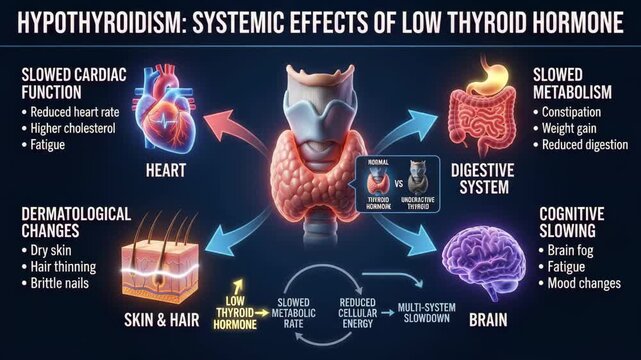 Medical infographic showing systemic effects of hypothyroidism on human body organ systems