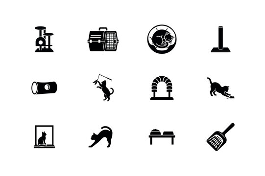 Cat care and supplies vector icons set depicting accessories, toys, and grooming items for pets