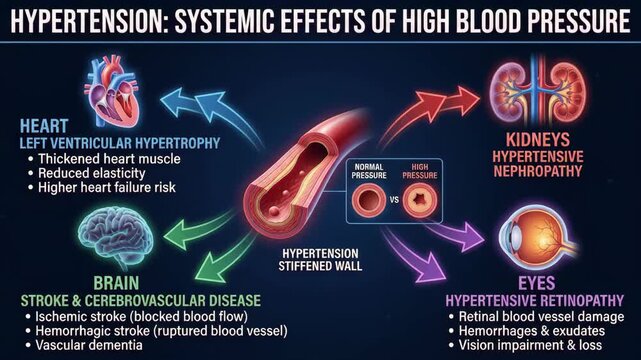 Medical infographic showing systemic health effects caused by chronic high blood pressure issues