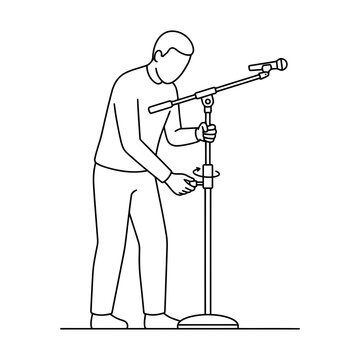 A line art illustration of a person adjusting a microphone stand