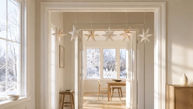 Hanging paper Christmas stars decorate a bright Scandinavian interior with snowy windows