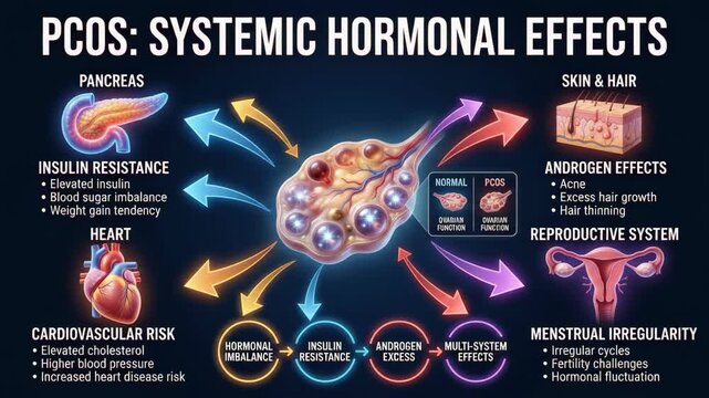 Medical infographic animation showing systemic hormonal effects of PCOS on human body systems