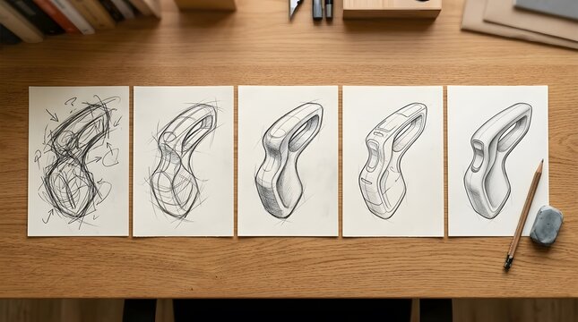 Evolutionary progression of a stylized human silhouette drawn in five sequential sketches displayed on a wooden surface.