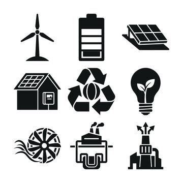 Eco friendly energy icons set with wind turbine solar panels and battery