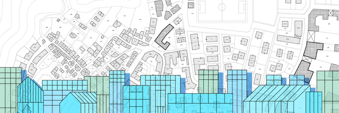 Imaginary cadastral map of territory with buildings, roads, buildable areas, land plot with cityscape