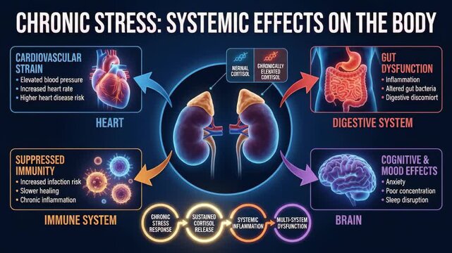 Infographic illustrating chronic stress and its systemic effects on the body