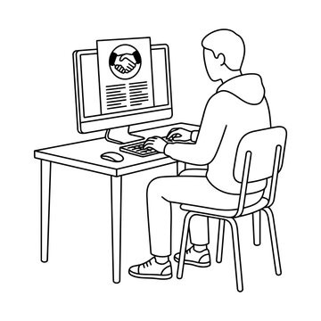 Line art illustration of a person sitting at a desk working on a computer with a handshake icon on the screen
