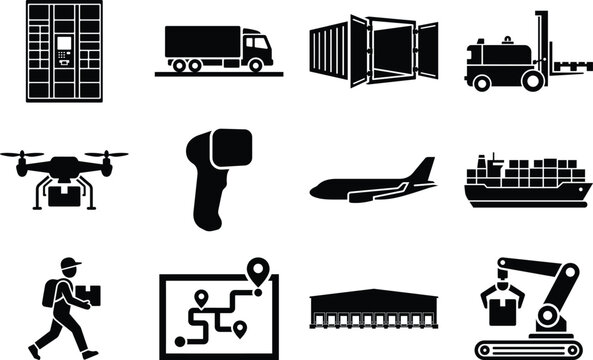 Logistics and shipping icons set featuring cargo, delivery, warehouse, and freight symbols