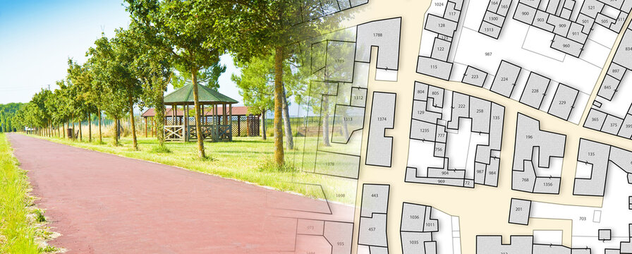 Bicycle lane and footpath in the cities - concept with an imaginary city map