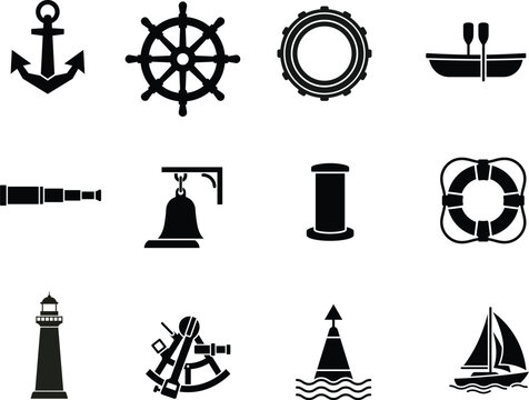 Nautical icons set with anchor, ship wheel, lighthouse, and boat silhouettes