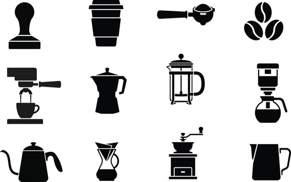 Set of coffee preparation icons and brewing equipment vector silhouettes
