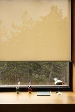 Contemporary Window with Roller Blind And Oak Bench With Study Setup