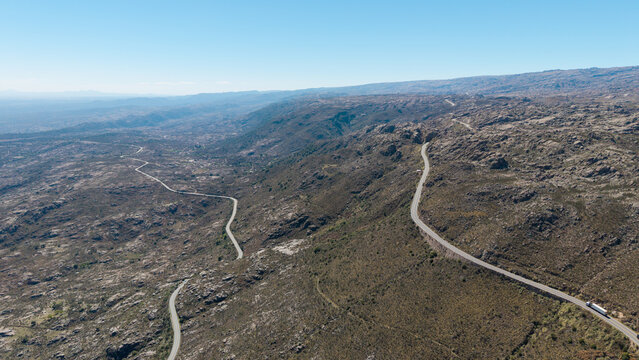 Aerial stock footage of Route 34 curves in Altas Cumbres mountains Cordoba