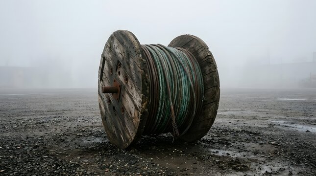 Wooden spool of oxidized copper cable abandoned in a foggy lot illustrating obsolete industrial infrastructure and material decay
