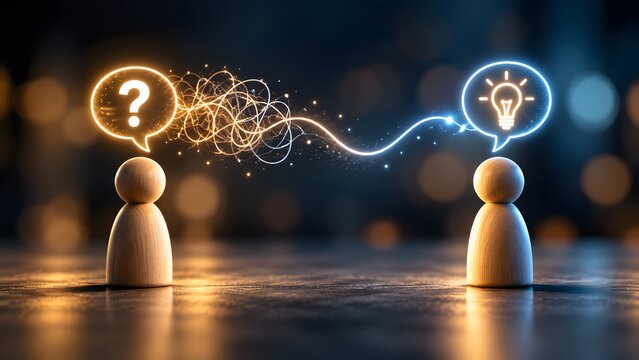 Tangled glowing lines transforming into a smooth connection between question mark and lightbulb representing complex problem solving process