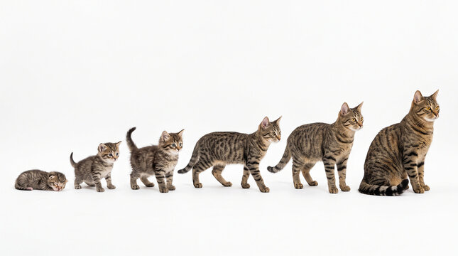 Tabby Cat Growth Stages from Kitten to Adult on White Background