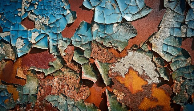 detailed view of a grungy distressed background with a mixture of aged weathered and damaged textures including cracked paint rusted metal and crumbling concrete surfaces