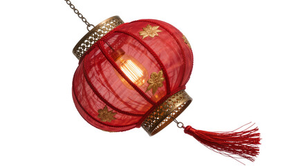Red fabric lantern with gold floral accents and tassel, isolated on transparent background © Ibrian