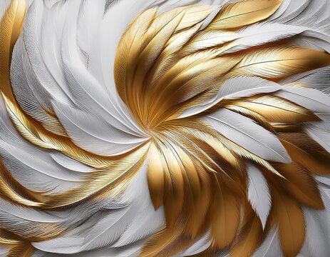 elegant gold and silver feathers swirl in an abstract luxury texture creating a sophisticated white and gold circular background