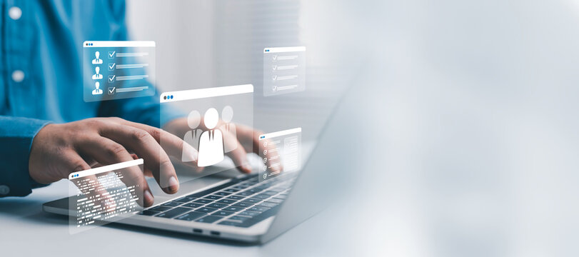 Human resources technology concept showing a professional using a laptop with employee profiles, hiring checklists, recruitment management, talent acquisition, workforce planning, and HR analytics.