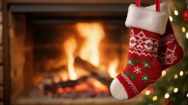 Christmas stockings hung by a warm glowing fireplace with festive lights and glowing embers during winter holidays